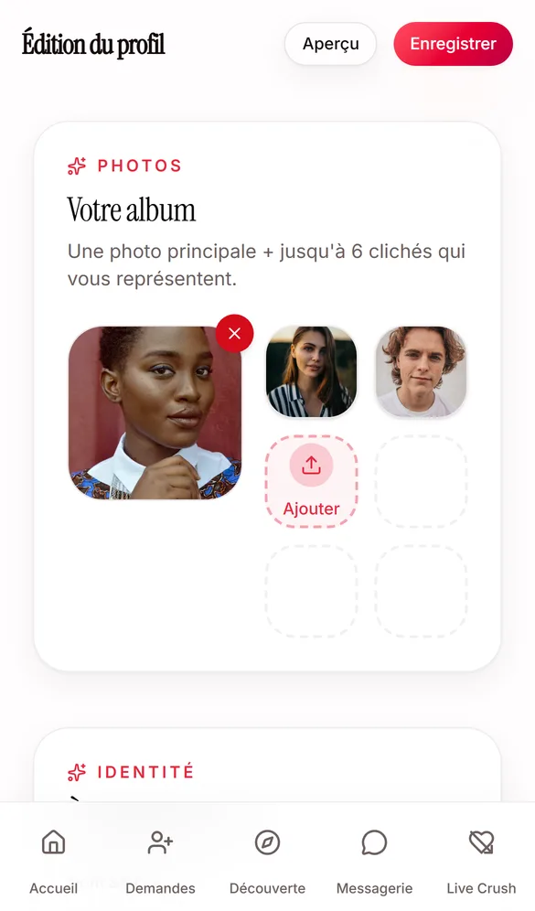 Édition du profil sur Mon Meetora : la photo principale et jusqu'à six clichés supplémentaires